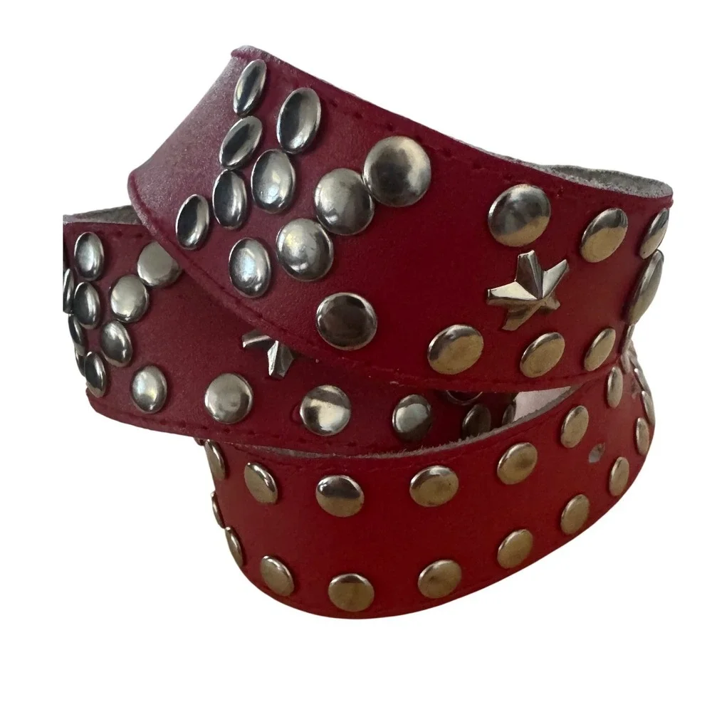 Red Leather Studded Star Belt Cabochons 80/90s Mall Goth Hong Kong Punk Rocker M